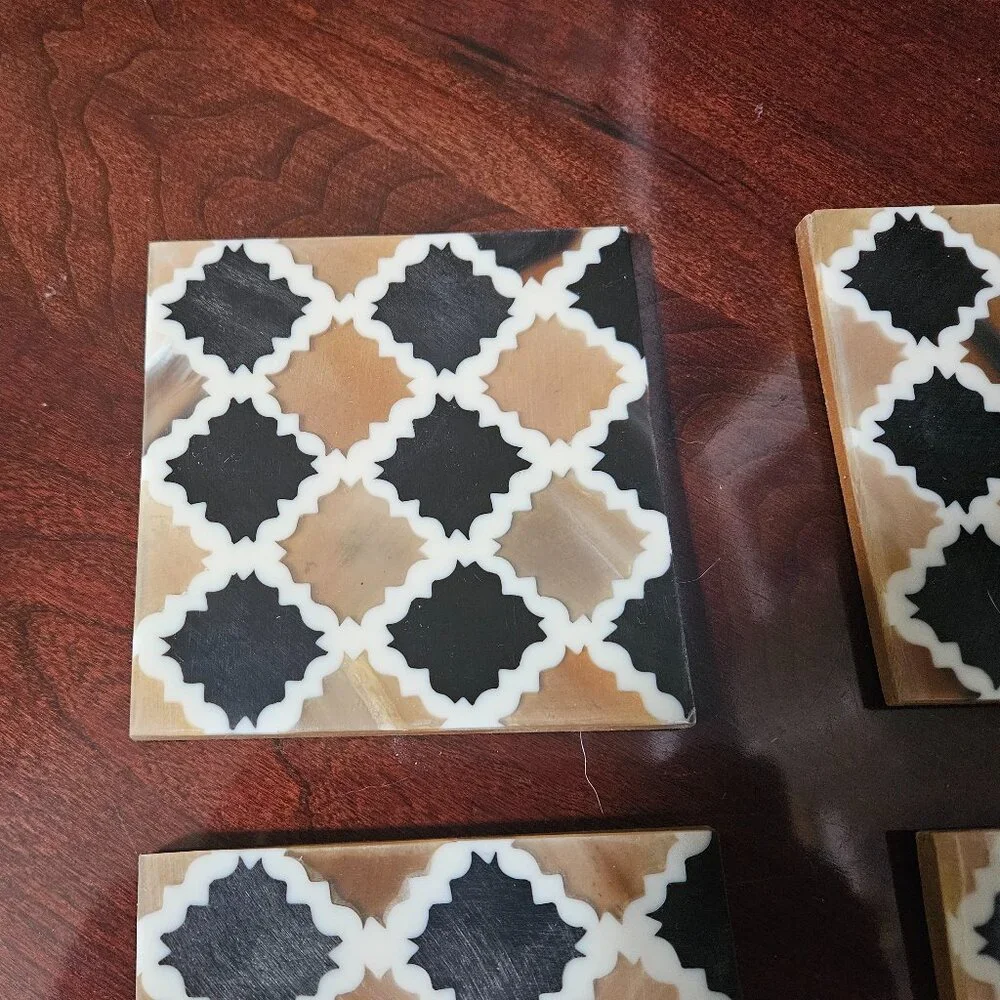4 MODERN MY MELA BONE INLAID BLACK BEIGE BAR DRINK WOOD COASTERS MADE IN INDIA